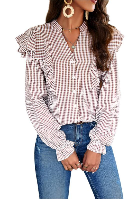 TEEK - Plaid Ruffled Long-Sleeved Shirt TOPS TEEK K Khaki M 