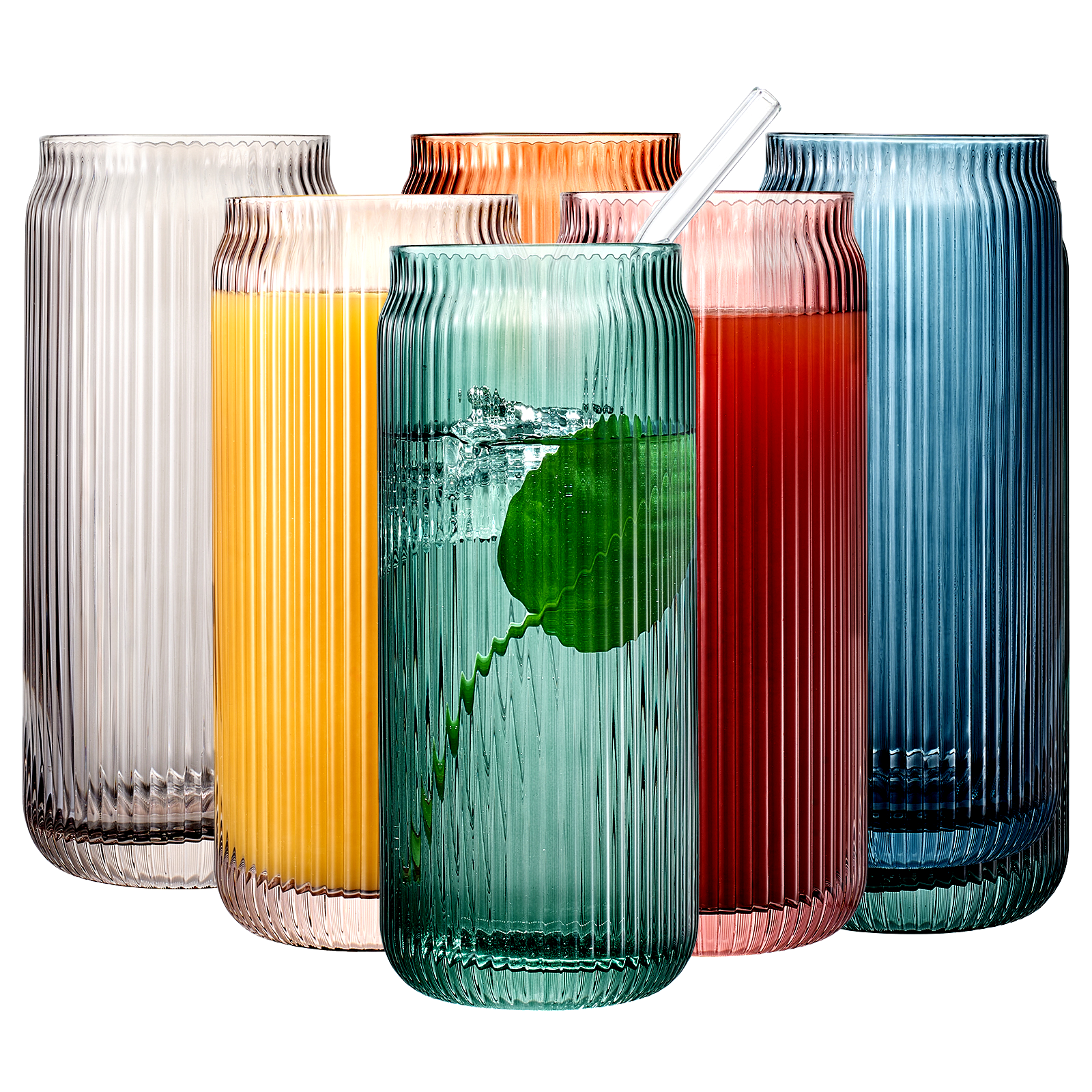 TEEK - Tonal Ribbed Soda Can Highball Straw Glassware Set of 6 HOME DECOR TEEK KS