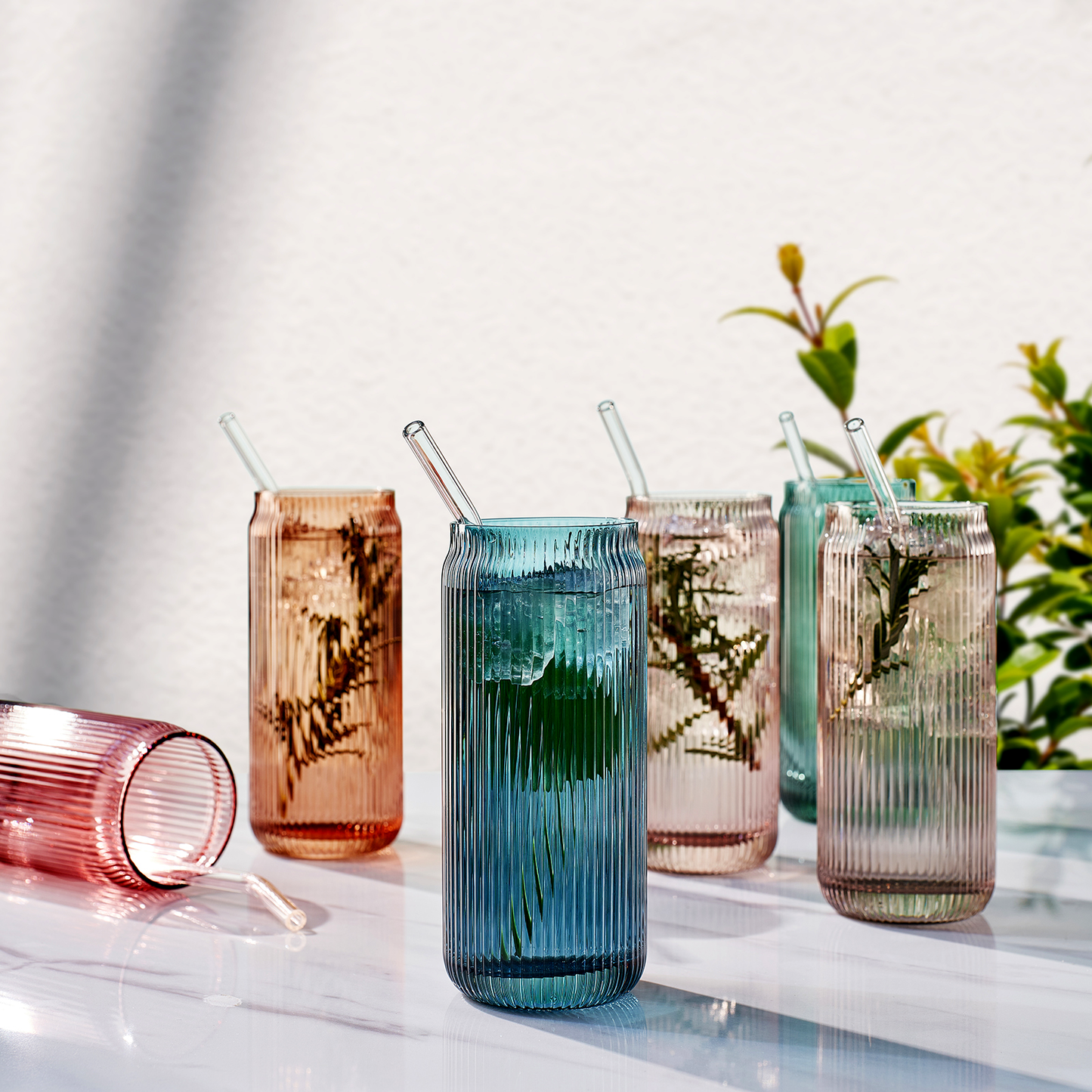 TEEK - Tonal Ribbed Soda Can Highball Straw Glassware Set of 6 HOME DECOR TEEK KS