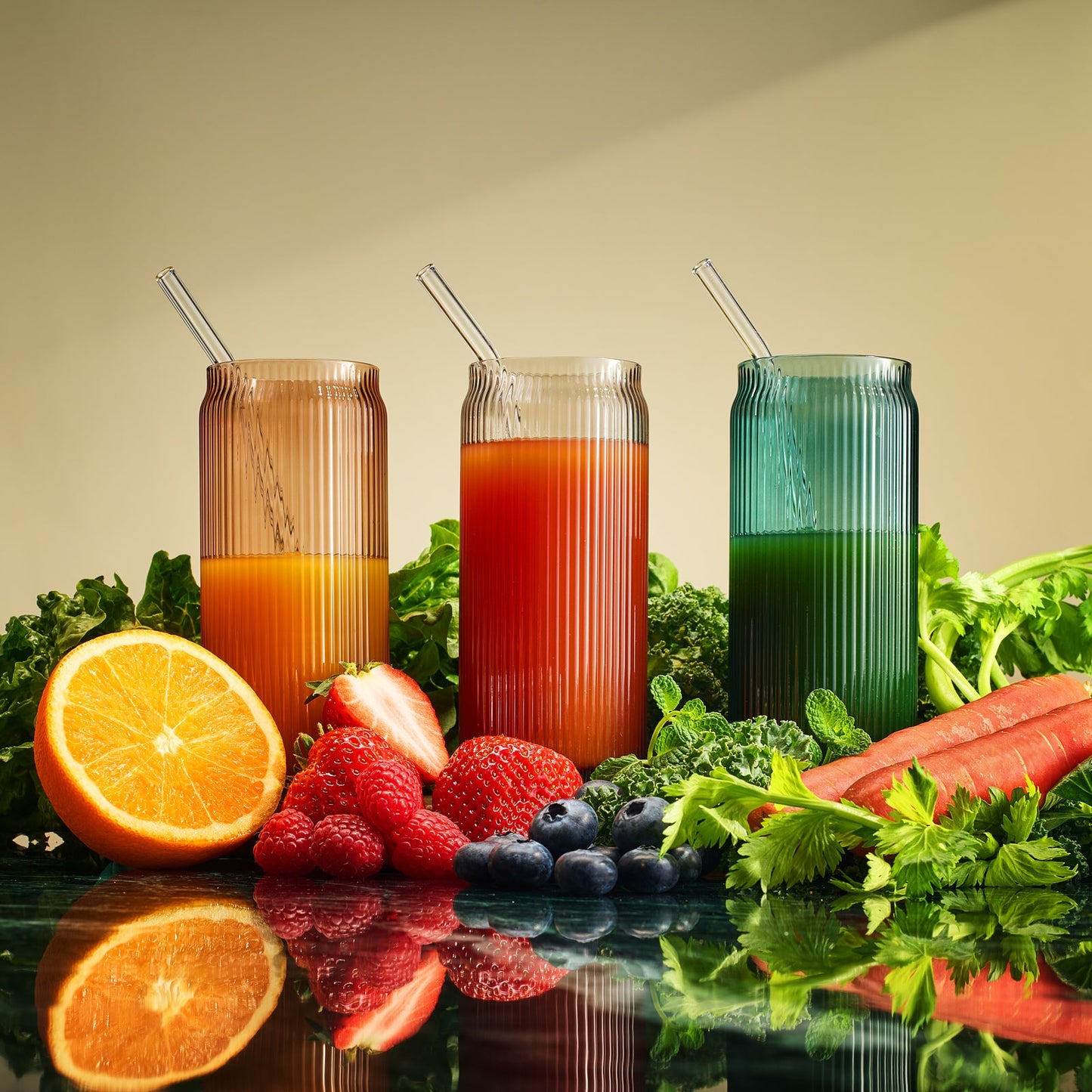 TEEK - Tonal Ribbed Soda Can Highball Straw Glassware Set of 6 HOME DECOR TEEK KS