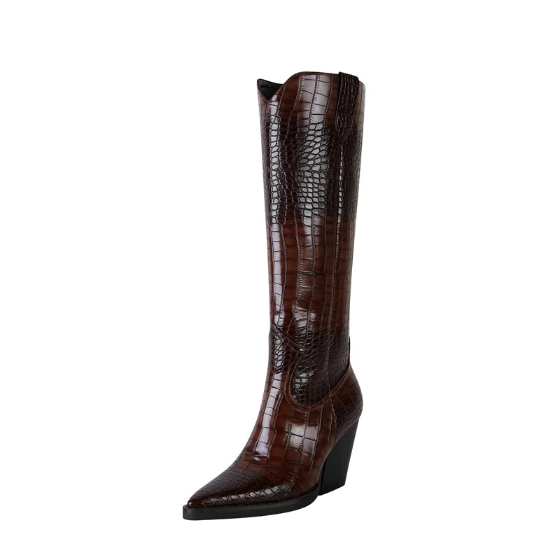 TEEK - Pointed Thick Heeled Oversized Knee High Western Boots SHOES theteekdotcom brown 5.5