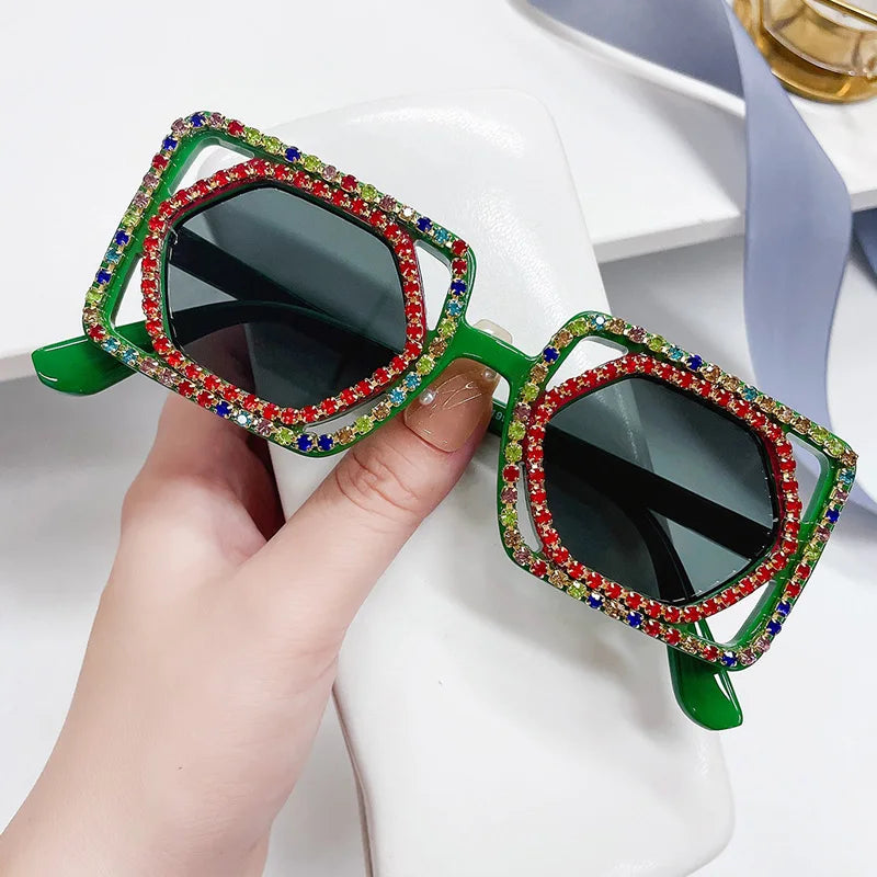 TEEK - Square Lux Double Down Diamond Sunglasses EYEGLASSES theteekdotcom C6 Green-Black  