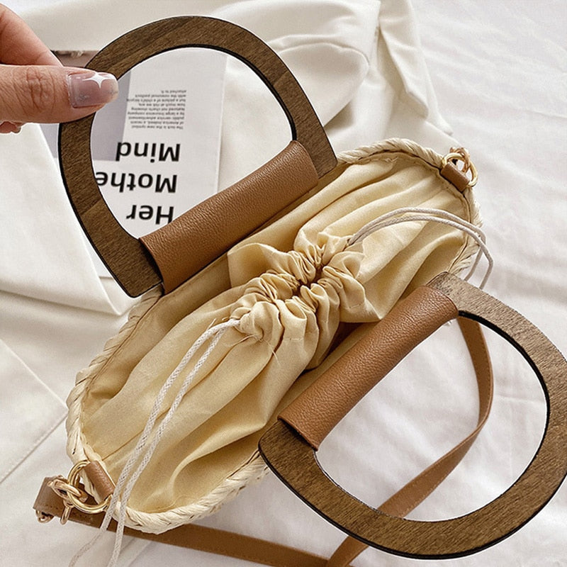 TEEK - Straw Drawstring Closure Wooden Handle Shoulder Bag BAG theteekdotcom   