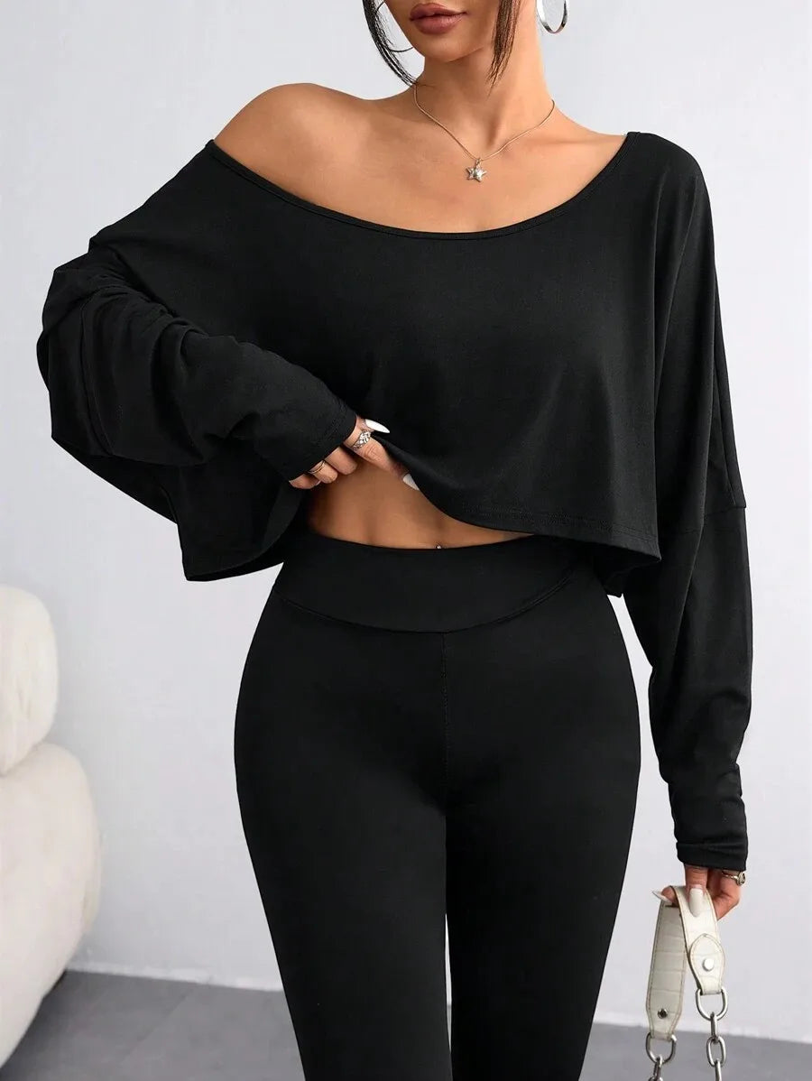 Women'S Black Long Sleeve Blouse T-shirt Casual Asymmetrical Neck Strapless Top for Sporty TEEK