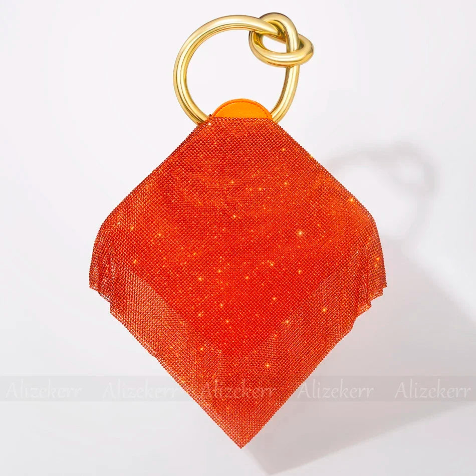 TEEK - Knotted Handle Rhinestone Evening Crystal Clutch BAG theteekdotcom Gold Handle Orange  