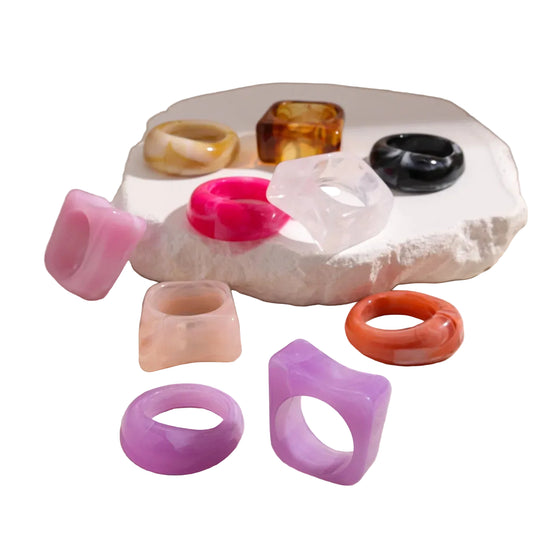 2 Pcs Square Round Irregular Smuding Acrylic Rings for Women Geometric Candy Color Sweet Resin Index Finger Ring Jewelry Sets F TEEK