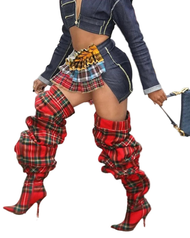 TEEK - Red Grid Cloth Loose OTK Boots SHOES TEEK 5.5