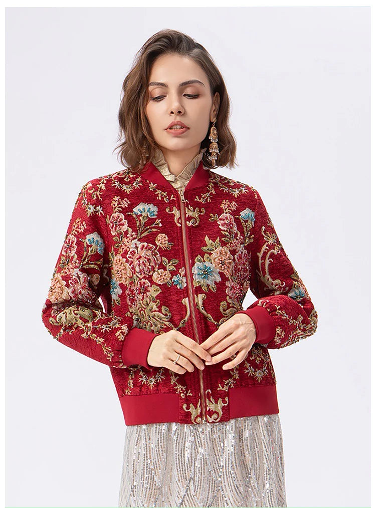TEEK - Red Jacquard Beaded Embroidery Bomber Jacket