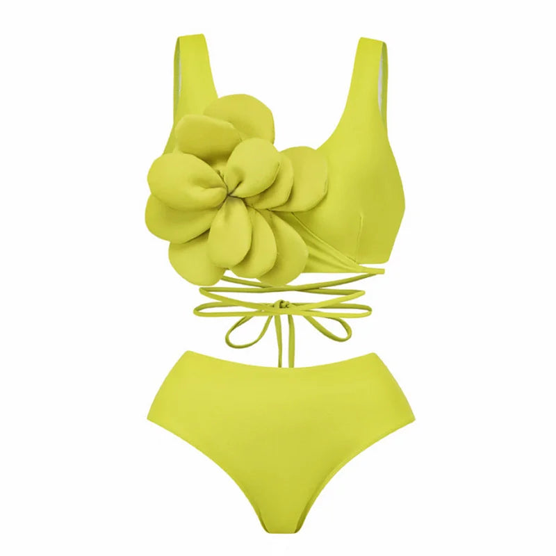 TEEK - Yellow 3D Flowers Off Shoulder Swimsuit Swimwear SWIMWEAR theteekdotcom   