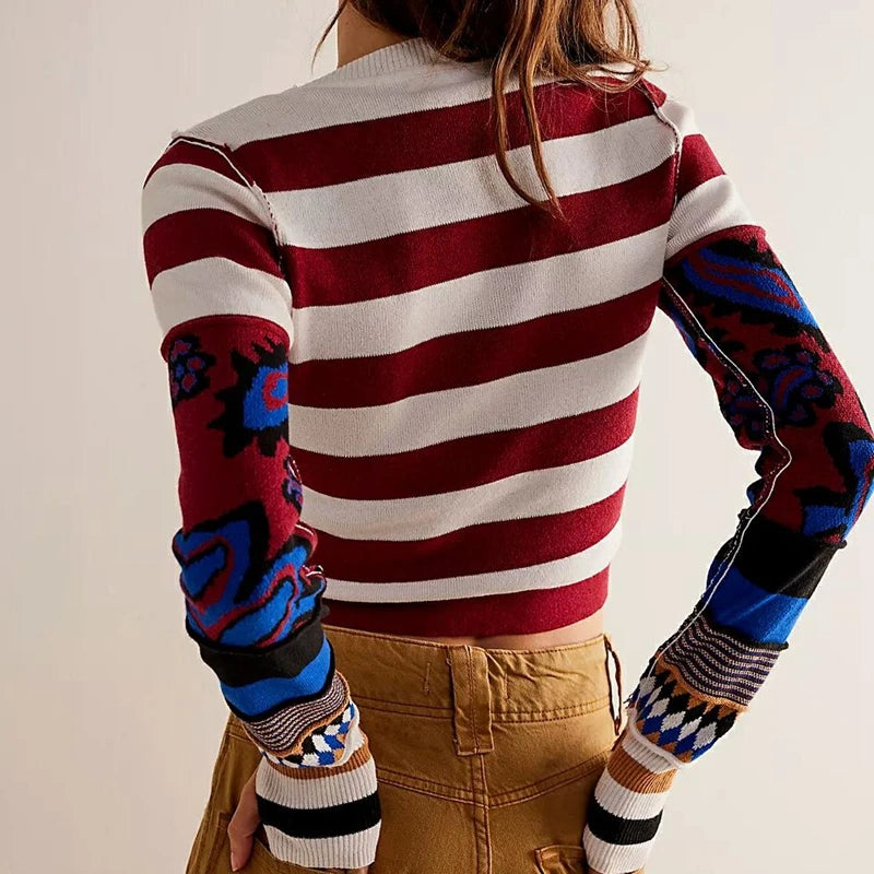 TEEK - Striped Print Contrast Pullover Long Sleeve Slim Cropped Sweater