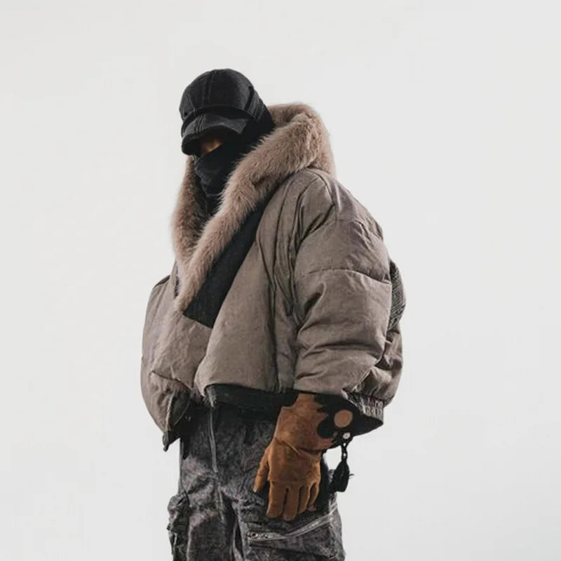 TEEK - Mens Techwear Detachable Fur Collar Robe Down Coat HK3367 JACKET theteekdotcom