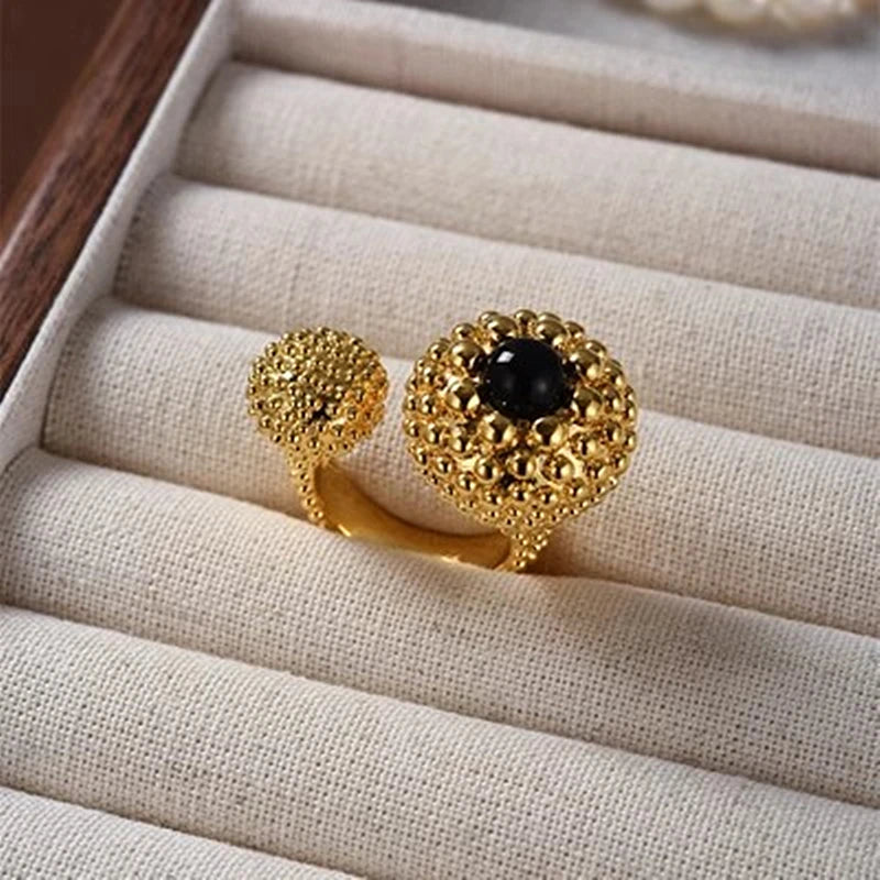 TEEK - Vintage Gold Plated Black Agate Chunky Open Ring JEWELRY theteekdotcom   