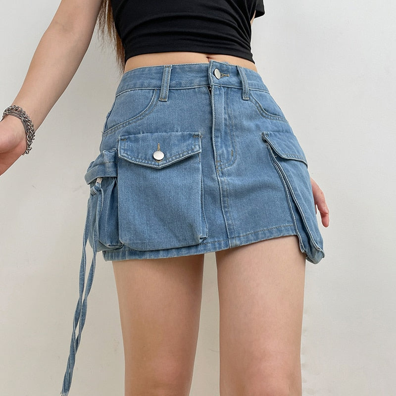 TEEK - Tie Dye Denim Abnormal Pockets Skirt SKIRT theteekdotcom   