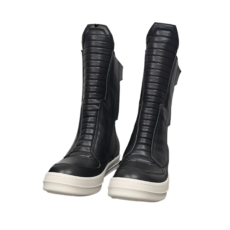 TEEK - Motorcycle Leather Luxury Mid-Calf Zip Flats Boots SHOES theteekdotcom   