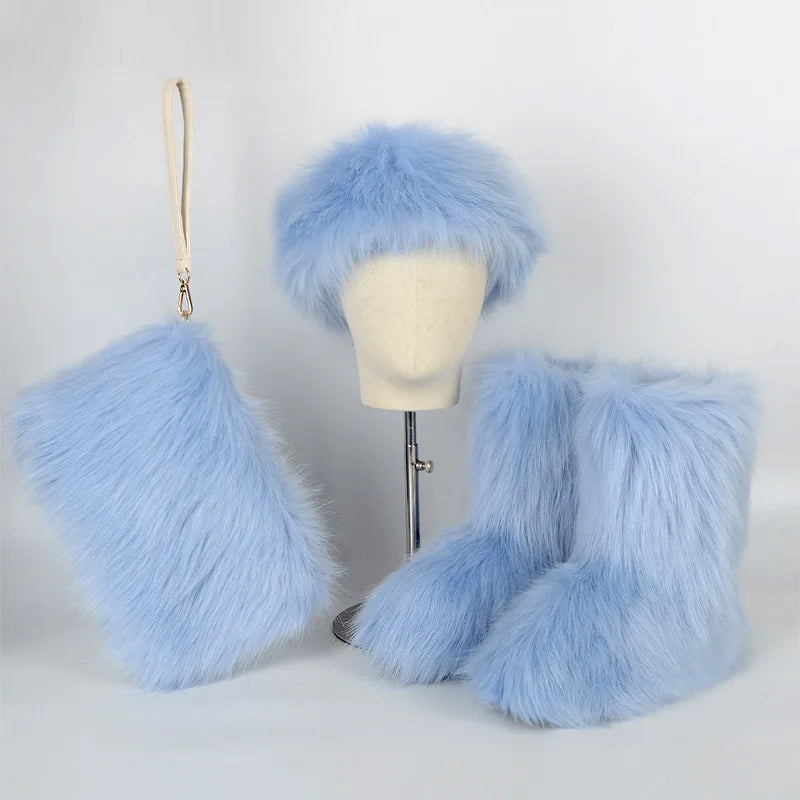 TEEK - Faux Fox Fur Snow Boots Velvet Headband Handbag Set SET theteekdotcom   