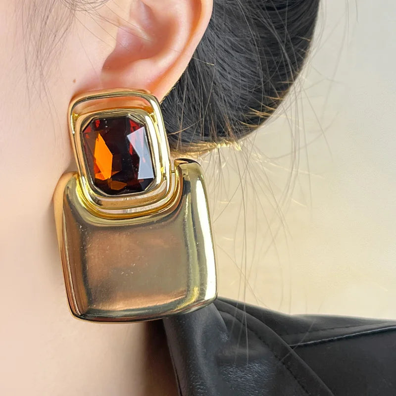 TEEK - Vintage Metal Geometric Square Crystal Earrings