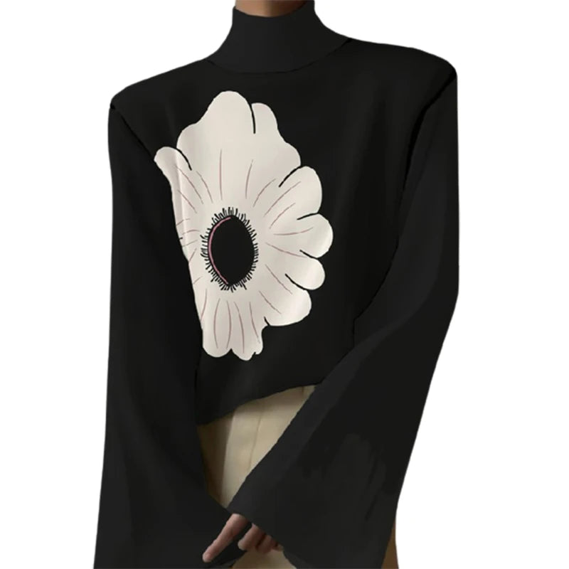 TEEK - Flared Sleeves Flower Print Black Top TOPS theteekdotcom   