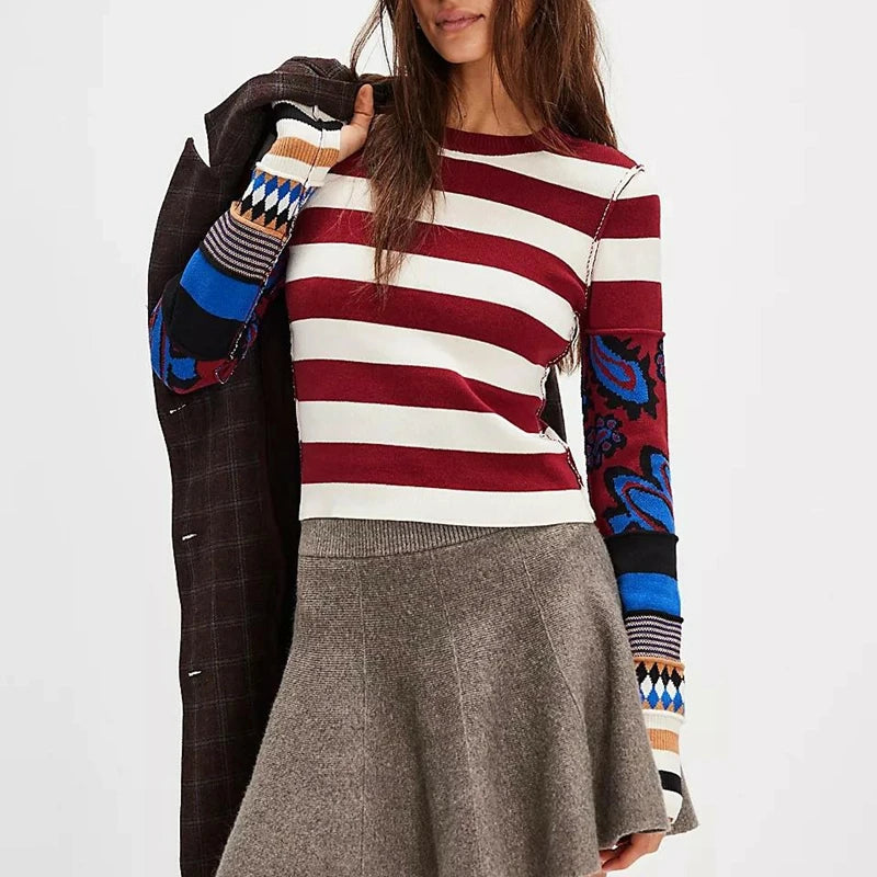 TEEK - Striped Print Contrast Pullover Long Sleeve Slim Cropped Sweater