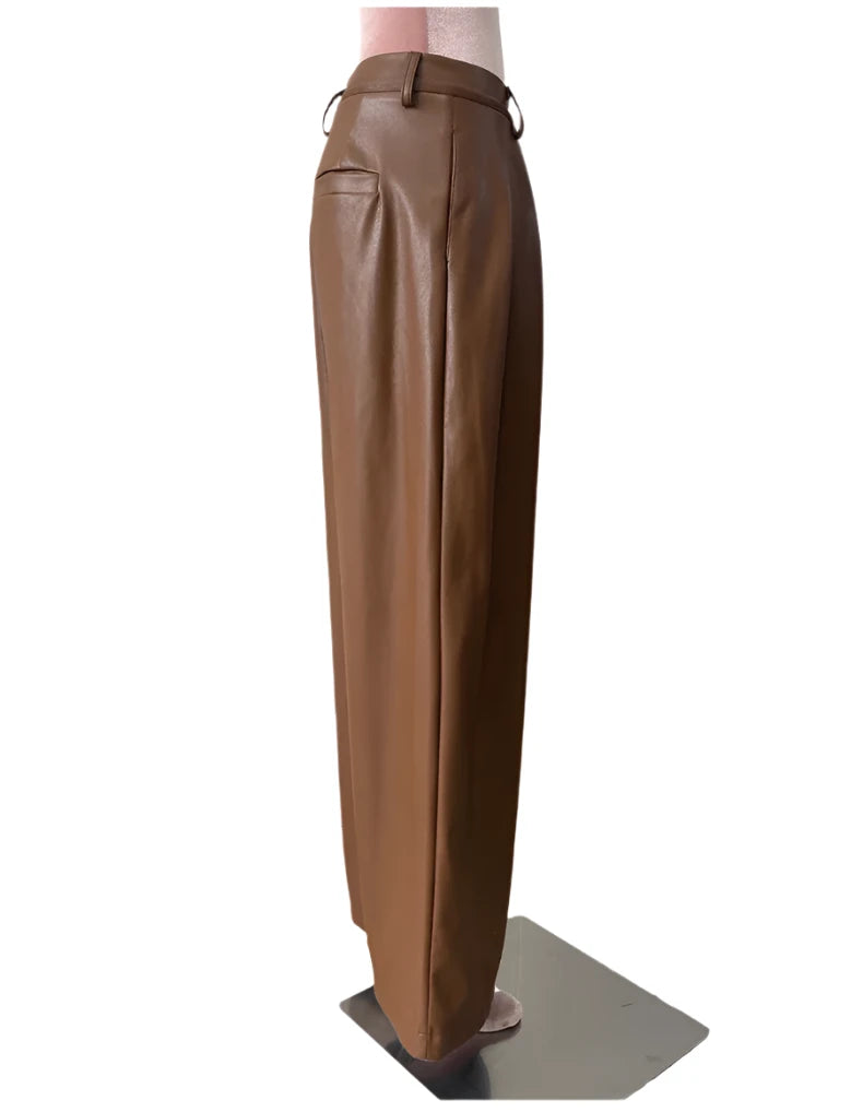 TEEK - Coffee Waterproof Brown Soft Pu Straight Pants PANTS theteekdotcom   