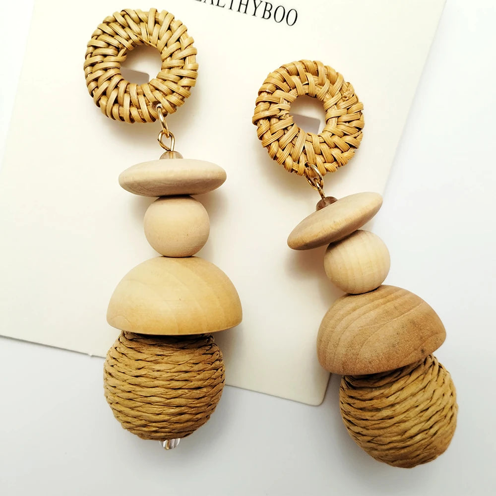 TEEK - Korea Handmade Wooden Straw Dangle Earrings JEWELRY theteekdotcom