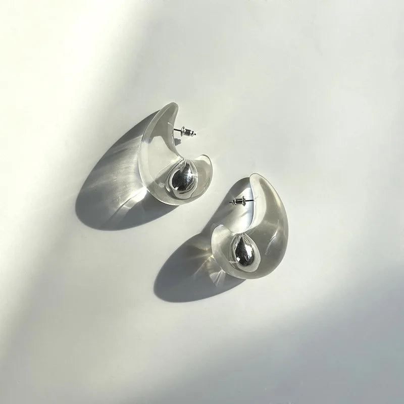 TEEK - Clear Metal Copper Ball Pearl Drop Earrings JEWELRY theteekdotcom Large Silver  