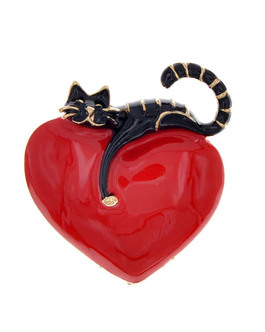 TEEK - Enamel Heart And Cat Brooch JEWELRY theteekdotcom