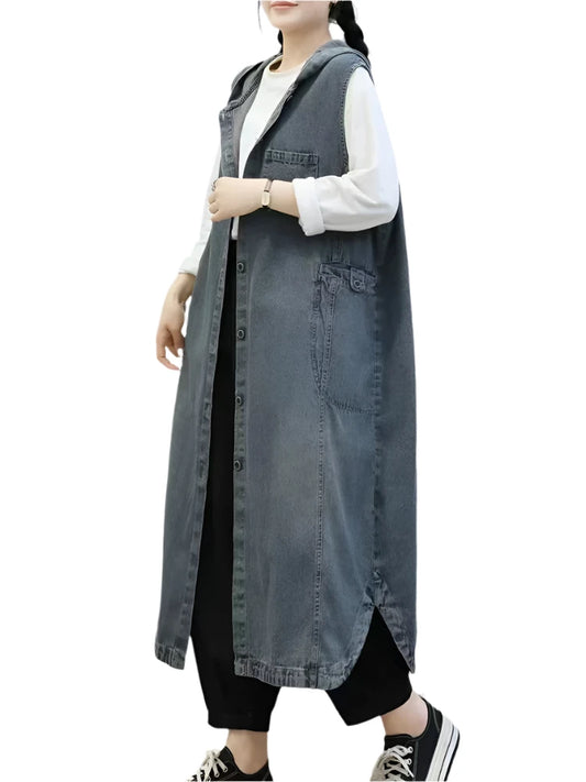 TEEK - Long Sleeveless Hooded Denim Vest Coat COAT theteekdotcom   