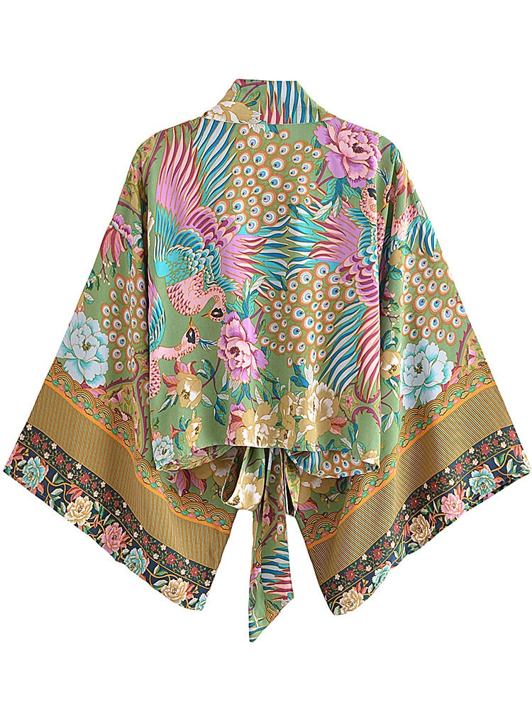 TEEK - Vintage Boho Kimono Peacock Short Robe ROBE theteekdotcom   