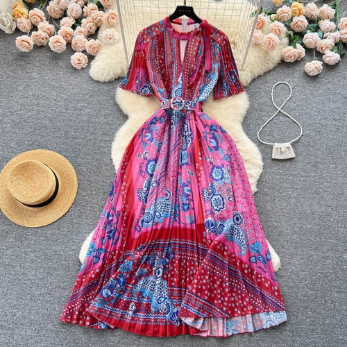 TEEK - Print Pleated Long Dress DRESS theteekdotcom Red One Size 
