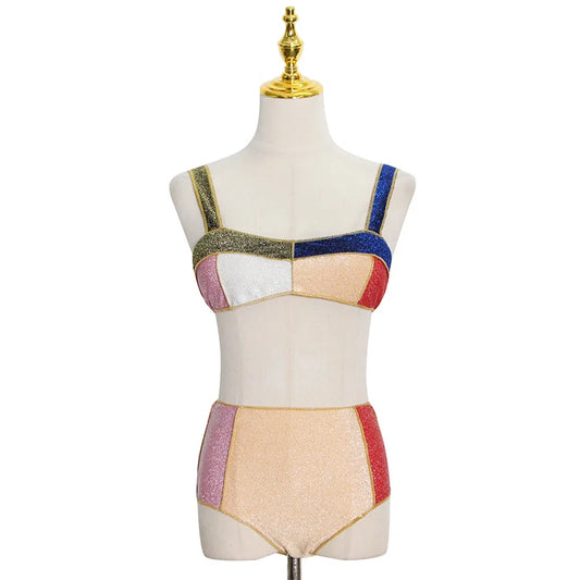 TEEK - Two Piece Color Strips High Waist Shorts Bikini SWIMWEAR theteekdotcom   