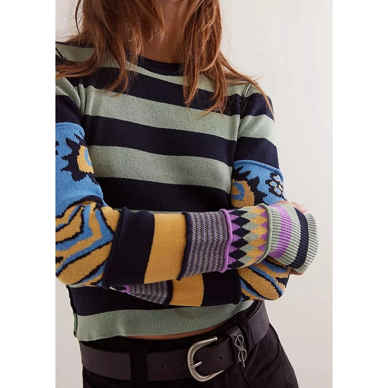 TEEK - Striped Print Contrast Pullover Long Sleeve Slim Cropped Sweater