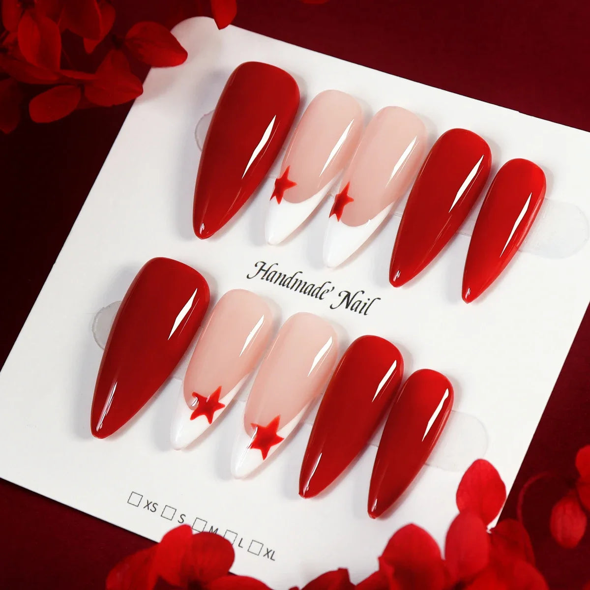 TEEK - 10 Red Glossy Hand Painted Star Almond Press On False Nails NAIL ART theteekdotcom S  