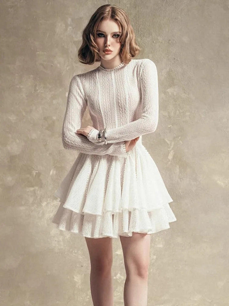 TEEK - Round Neck Long Sleeve Mesh Zipper Dress DRESS theteekdotcom White S