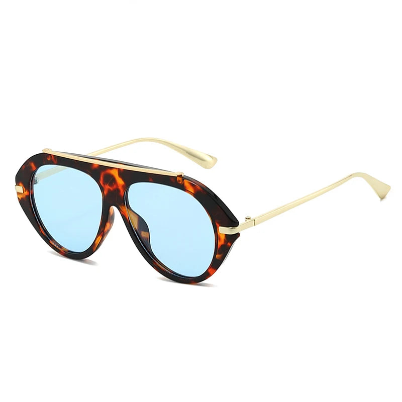 SO&EI Ins Popular Fashion Oversized Pilot Sunglasses Women Shades UV400 Retro Gradient Men Blue Green Sun Glasses TEEK Leopard Blue As the picture