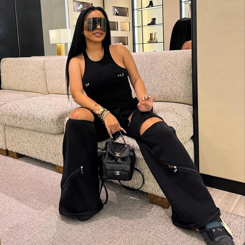 TEEK - Zip Patchwork Wide-Leg Trousers PANTS theteekdotcom black S