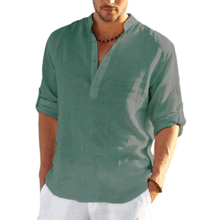 TEEK - Linen Long Sleeve Solid Loose Shirt TOPS theteekdotcom dark green US XXS | Label S 