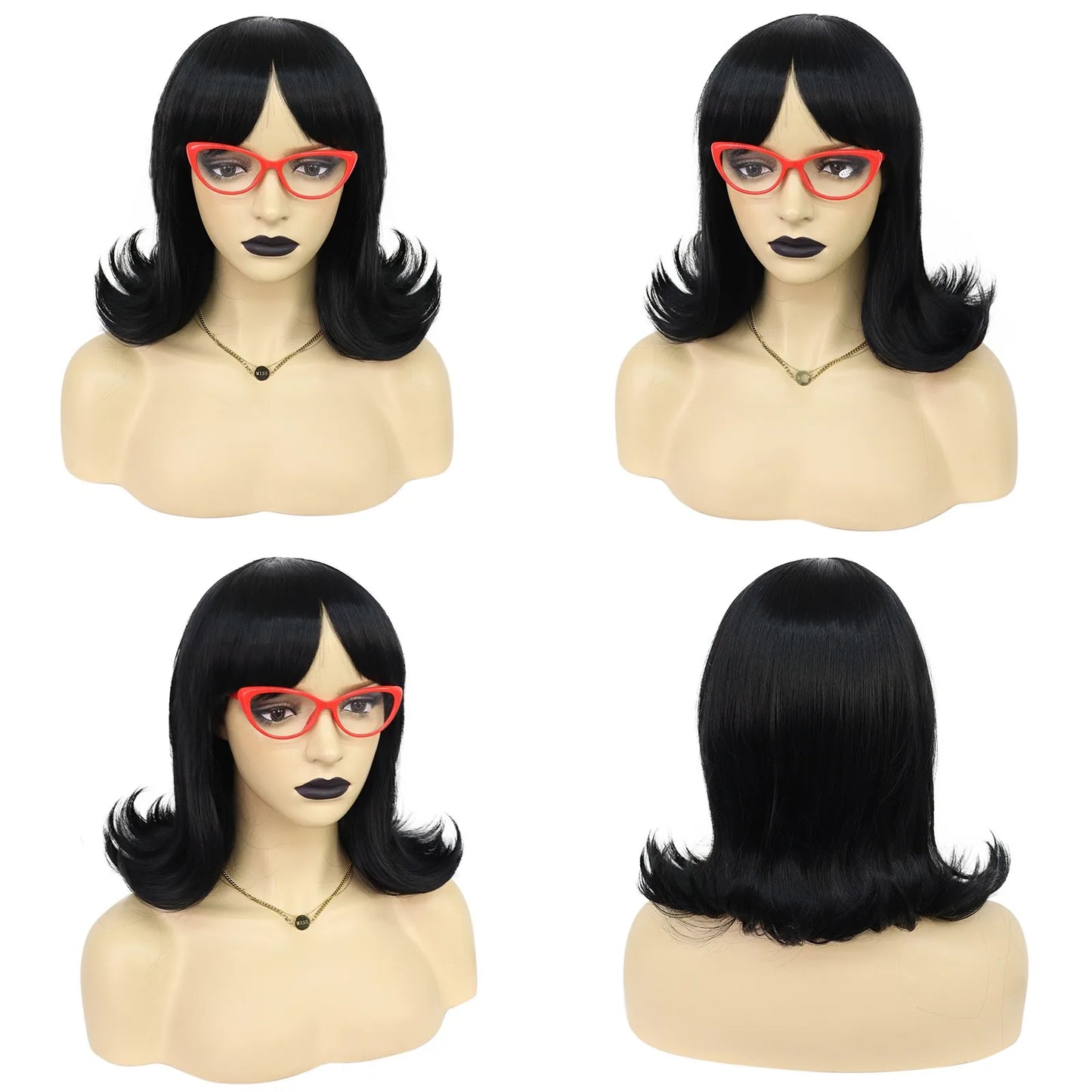 TEEK - Retro Pinup Beehive Flip Wig HAIR theteekdotcom Black with Glasses 12inches 