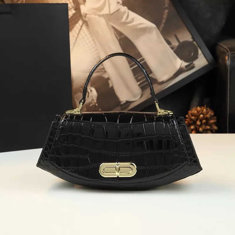 TEEK - Genuine Leather Saddle Croc Pattern Handbag BAG theteekdotcom Black  