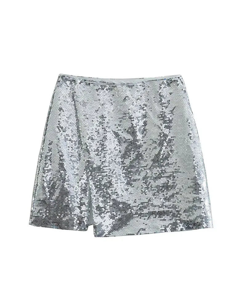 TEEK - Silver Sequin High-Waisted Mini Skirt SKIRT theteekdotcom S  