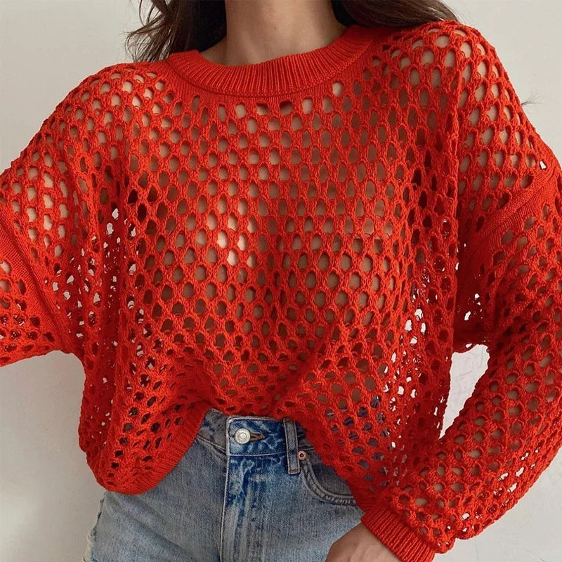 TEEK - Long Sleeve Knitted Crop Net Sweater TOPS theteekdotcom Red S 