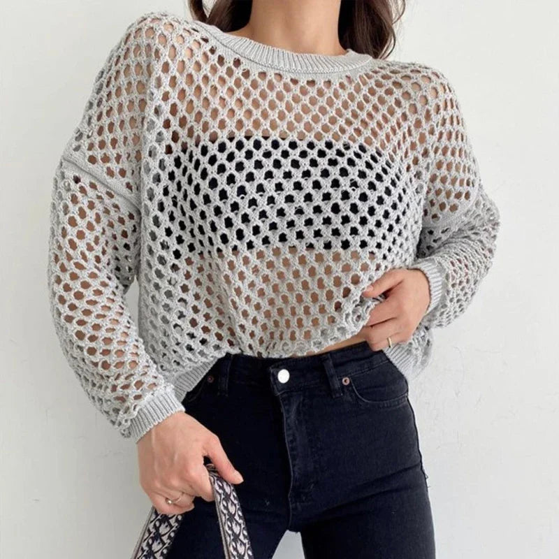 TEEK - Long Sleeve Knitted Crop Net Sweater TOPS theteekdotcom Gray S 