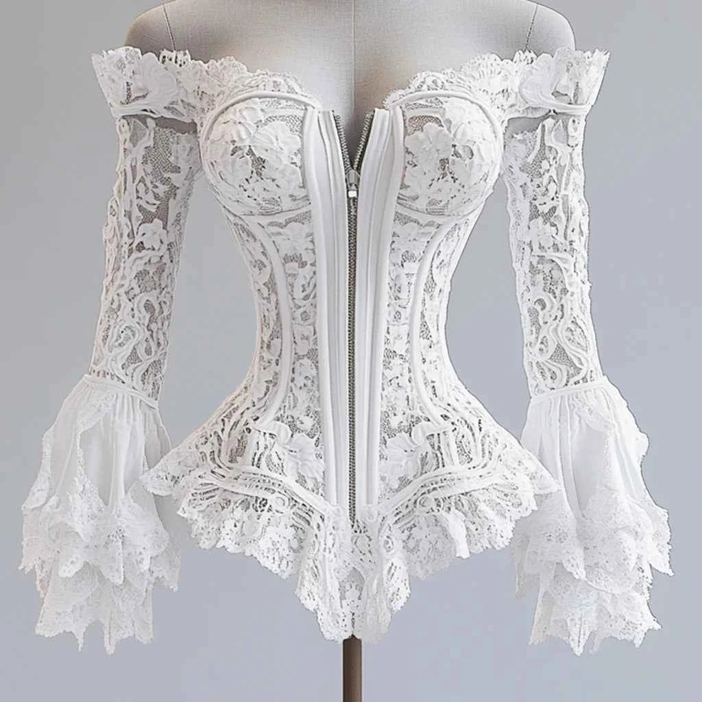 TEEK - Off Shoulder Lace Flare Sleeve Zipper Top