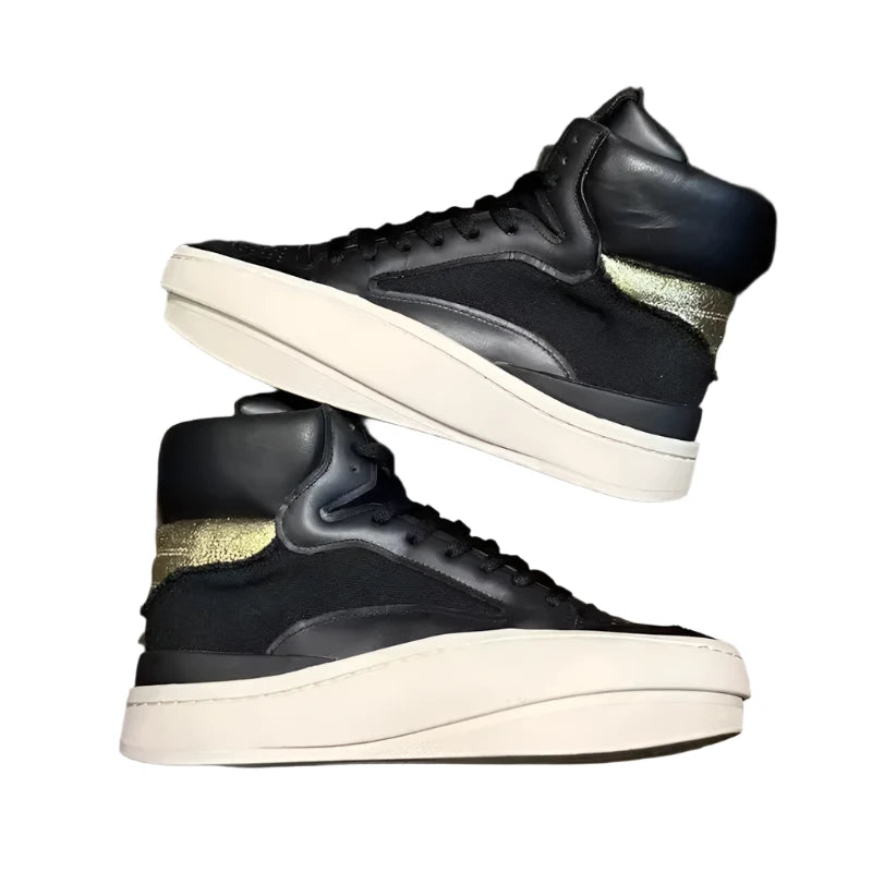 TEEK - Mens Spliced Canvas Genuine Leather High Top Sneakers SHOES theteekdotcom black gold 6 