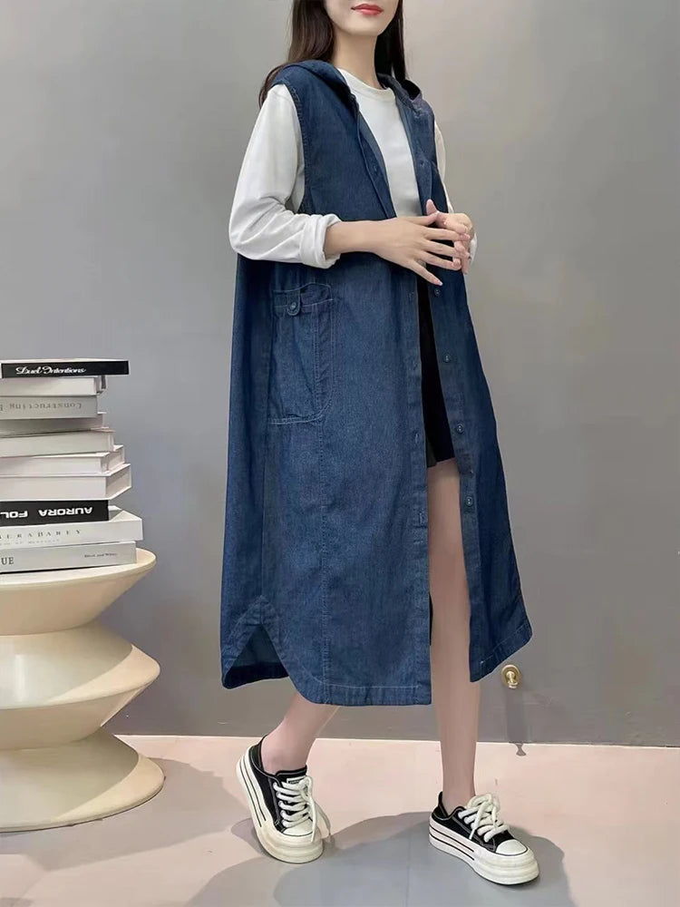 TEEK - Long Sleeveless Hooded Denim Vest Coat COAT theteekdotcom   