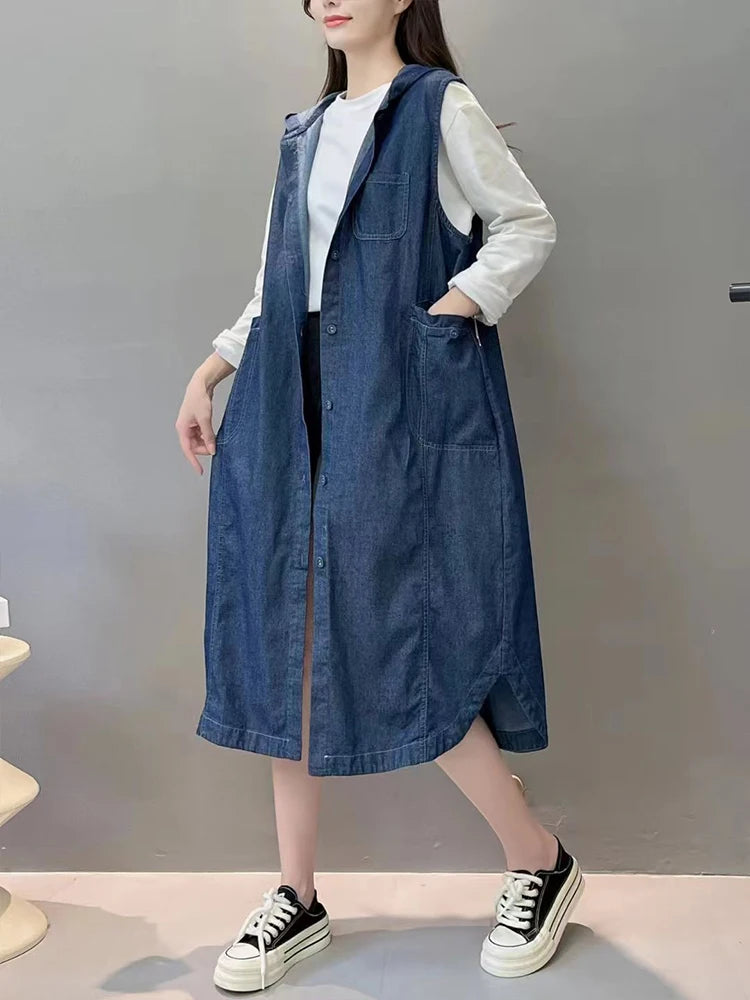 TEEK - Long Sleeveless Hooded Denim Vest Coat COAT theteekdotcom A One Size 