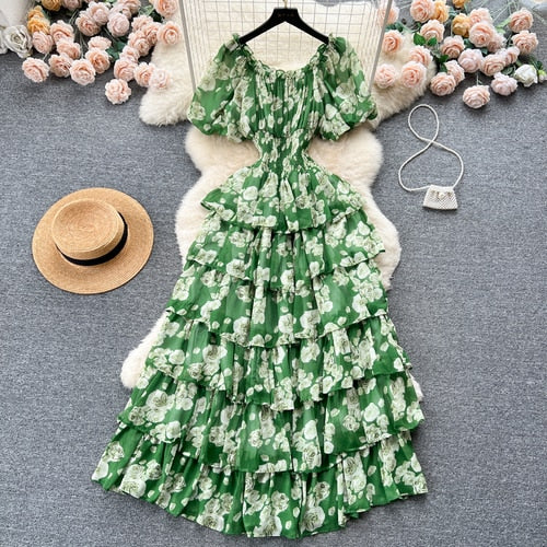 TEEK - Vintage Floral Print Ruffle Dress DRESS theteekdotcom Green One Size 