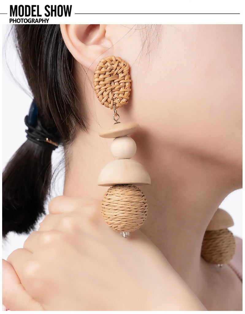 TEEK - Korea Handmade Wooden Straw Dangle Earrings JEWELRY theteekdotcom