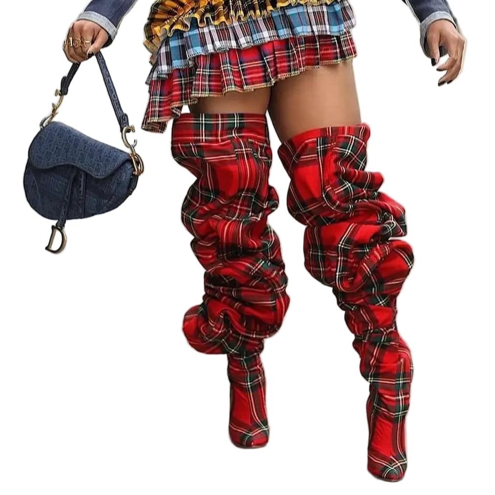 TEEK - Red Grid Cloth Loose OTK Boots SHOES TEEK