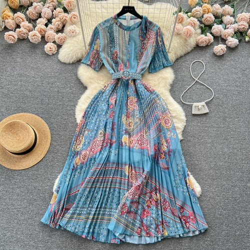 TEEK - Print Pleated Long Dress DRESS theteekdotcom Light  Blue One Size 