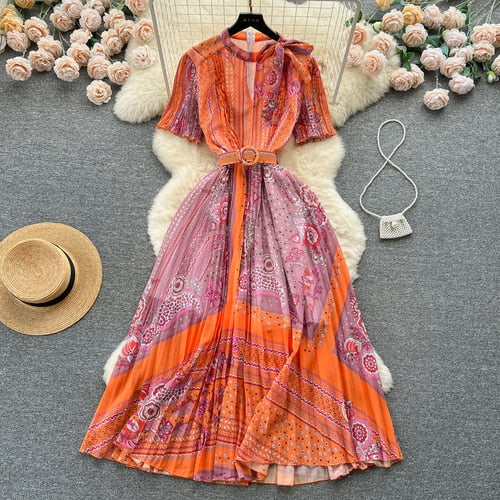 TEEK - Print Pleated Long Dress DRESS theteekdotcom Orange One Size 